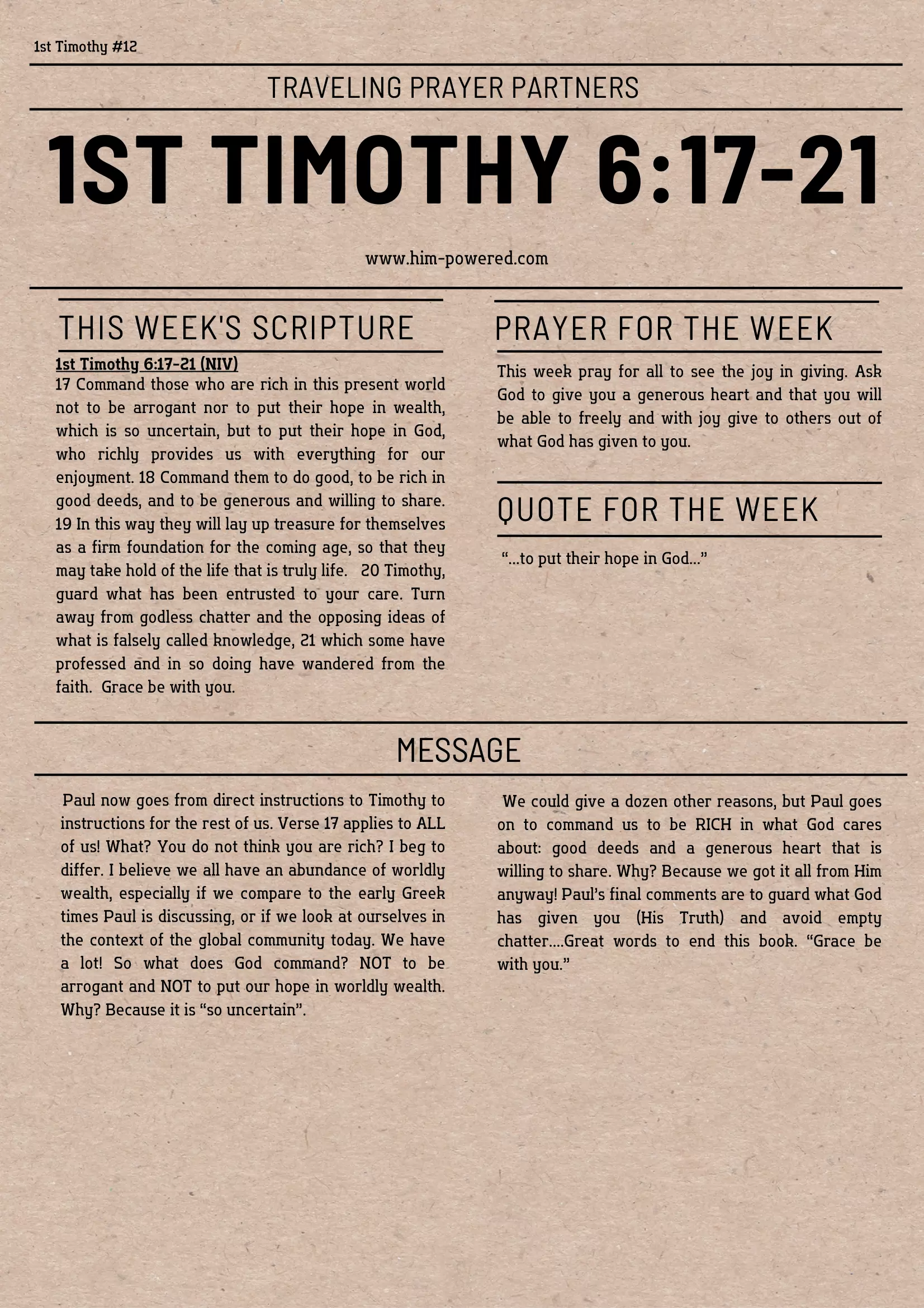 Read more about the article 1st Timothy 6:17-21